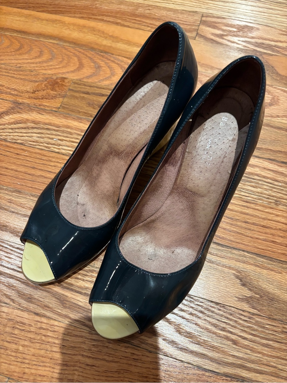 Italian Navy Patent Wedge Peep-Toe with Cream Toe Cap